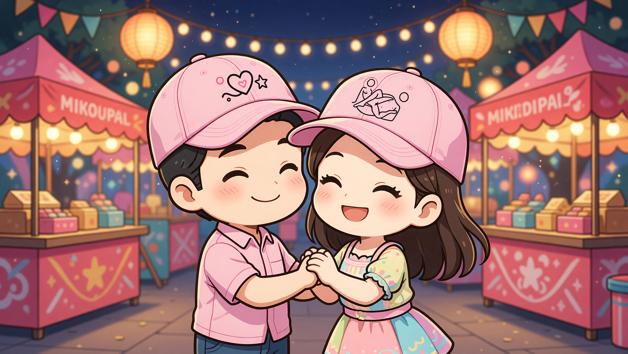 Chibi couple in pastel Kamasutra hats dancing at vibrant street festival