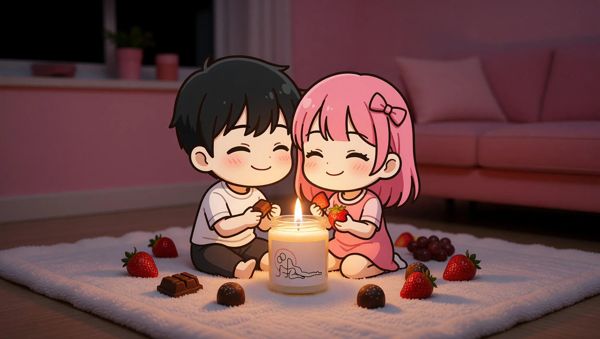 Apartment blackout picnic romance with scented soy candle glow.