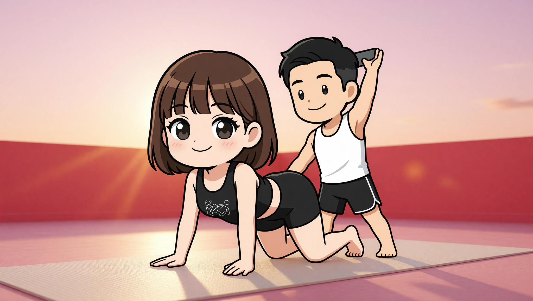 Couple enjoying flirty sunrise gym stretch in crop tops.