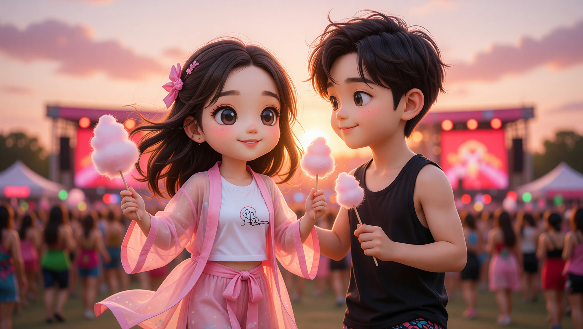 Couple at festival with her discreet Kamasutra crop top tease under sheer layer.