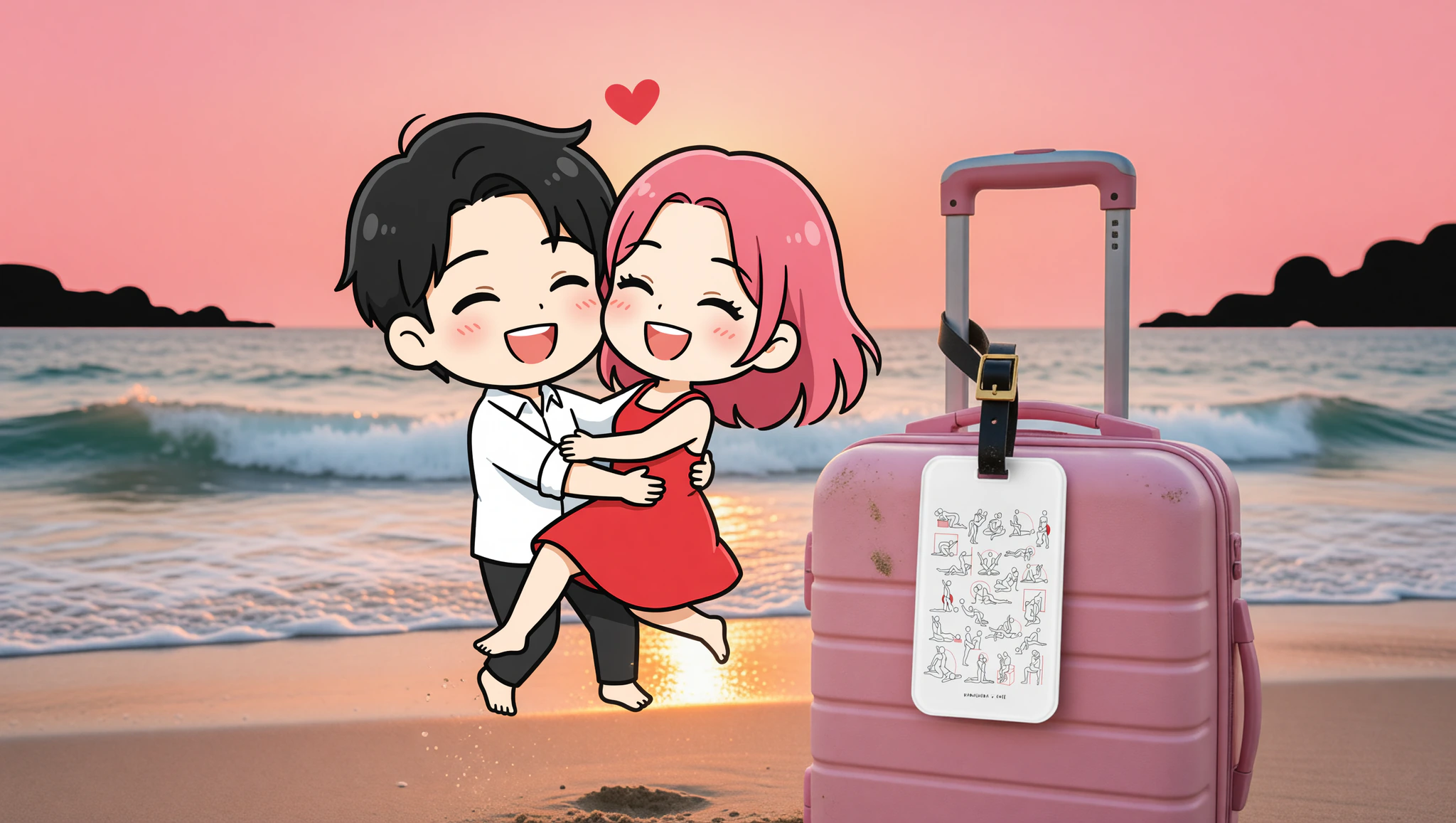 Naughty couple with Kamasutra Cute luggage tags on elopement beach getaway.