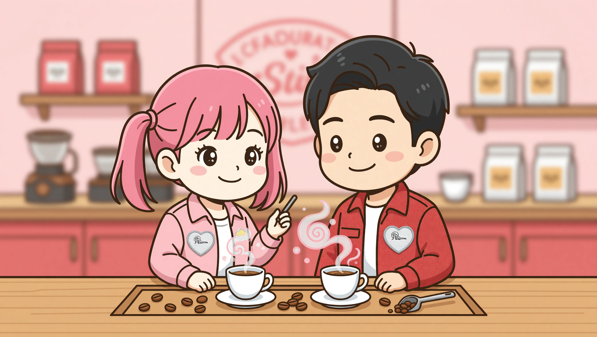 Chibi couple flirting at coffee roastery with cute Kamasutra patches.
