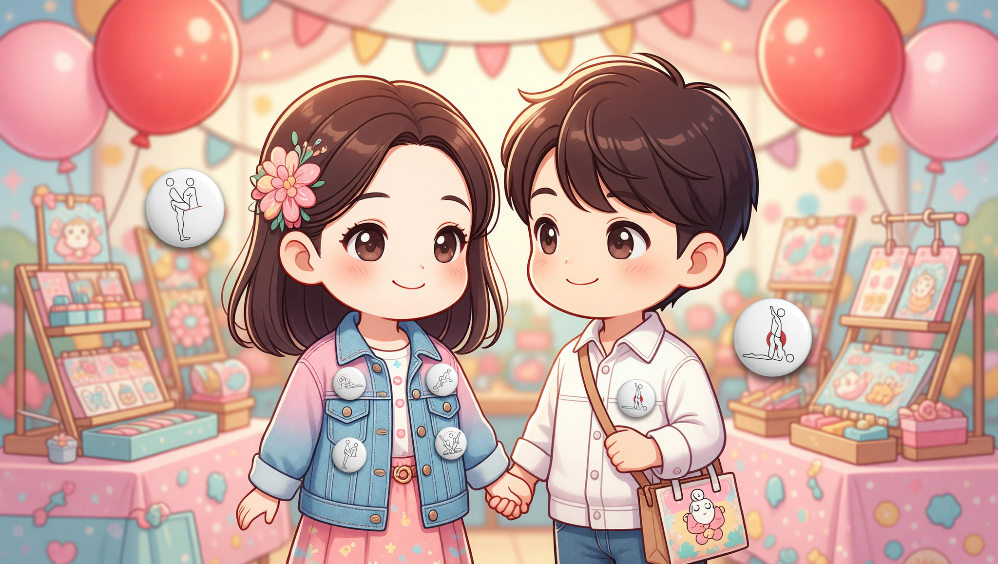 Chibi couple flirting at craft fair with Kamasutra pins
