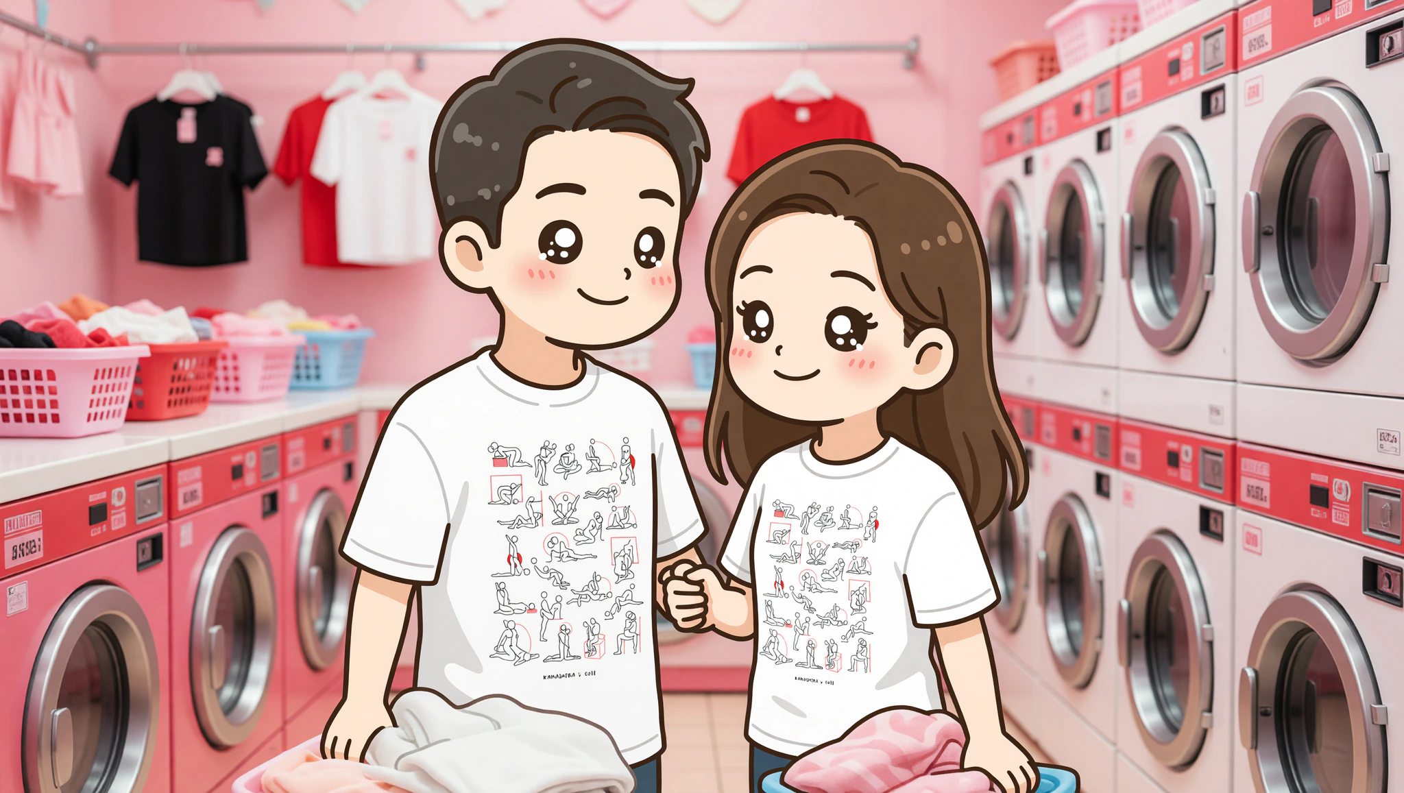 Chibi couple flirting at laundromat in Kamasutra Cute tees