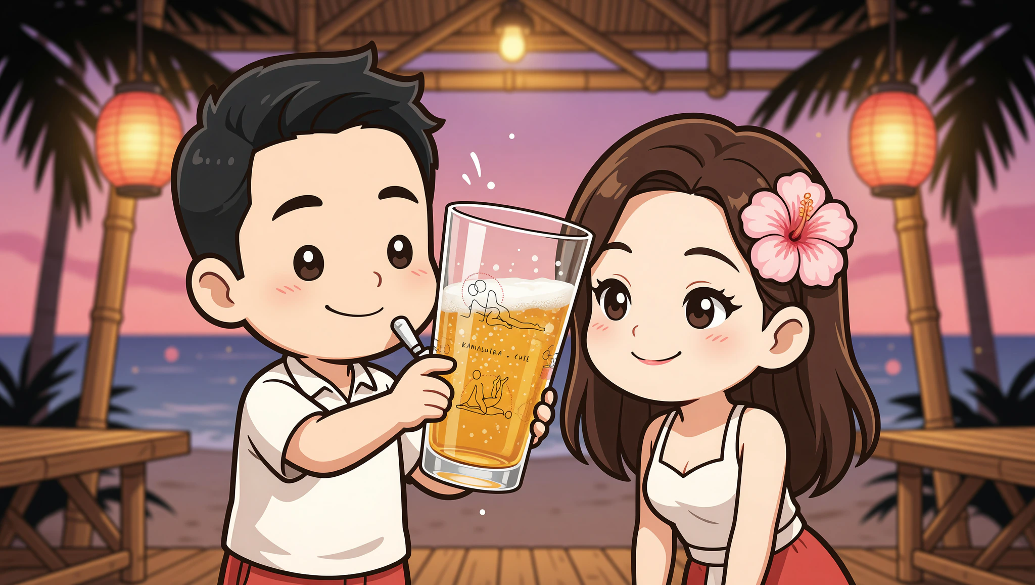 Couple enjoying discreet tiki cocktail with Kamasutra Cute shaker pint glass