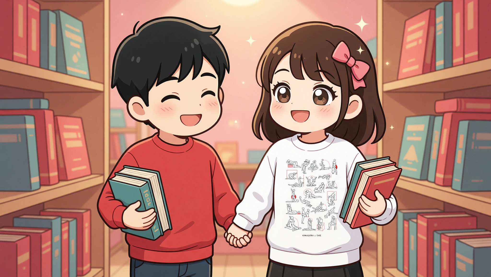 Couple enjoying a flirty bookstore date in Kamasutra Cute - Unisex Premium Sweatshirts.
