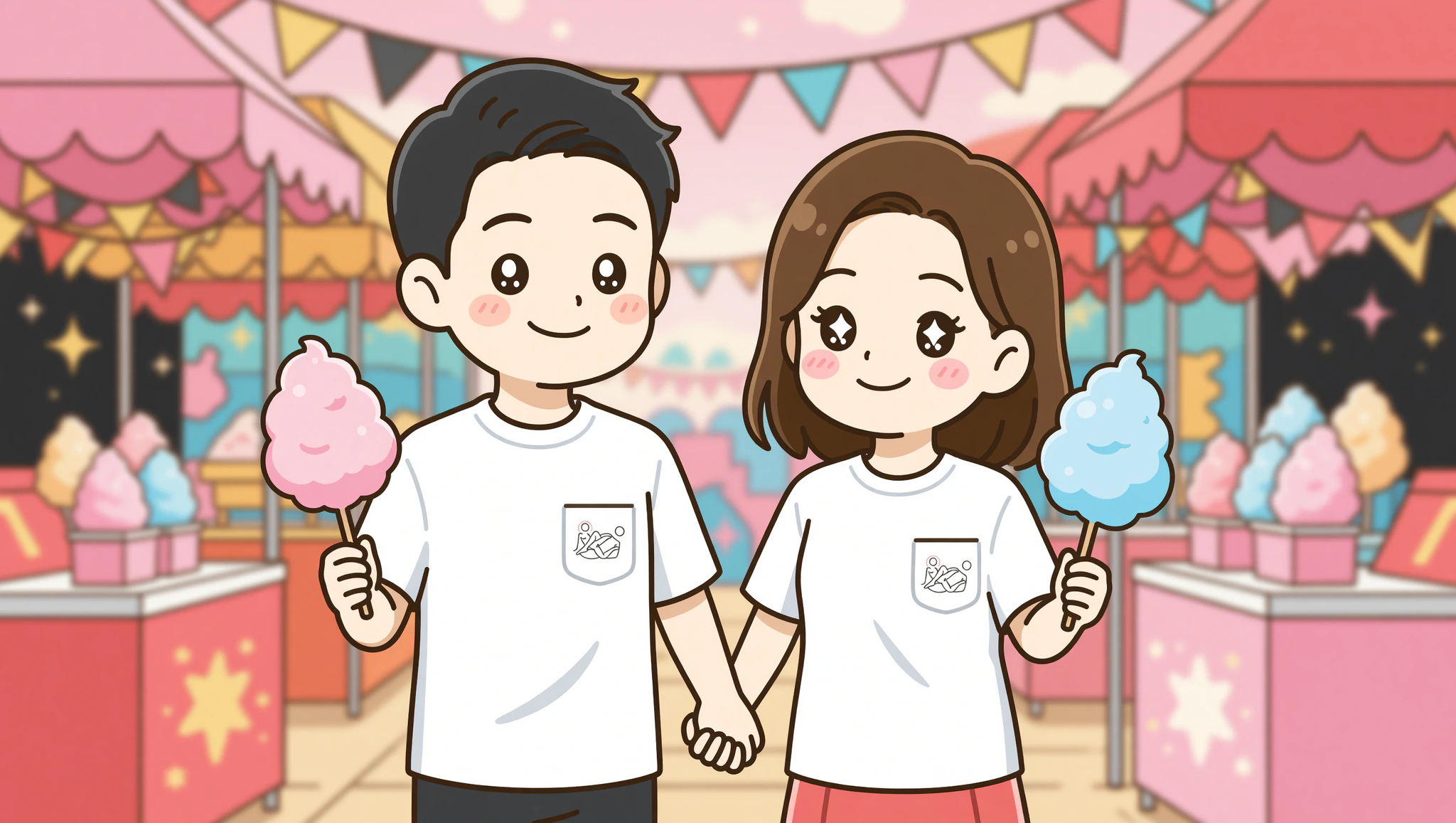 Chibi couple in Kamasutra Cute tees flirting at street fair.