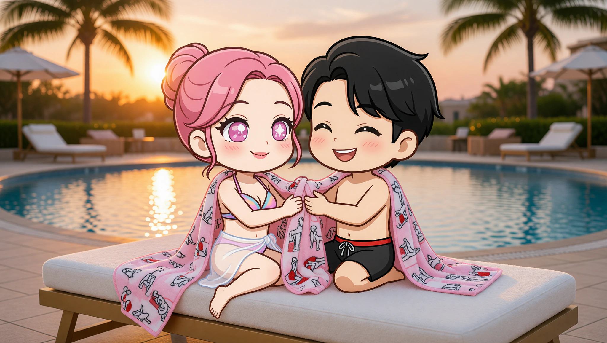 Couple on poolside date wrapped in Kamasutra Cute Towel
