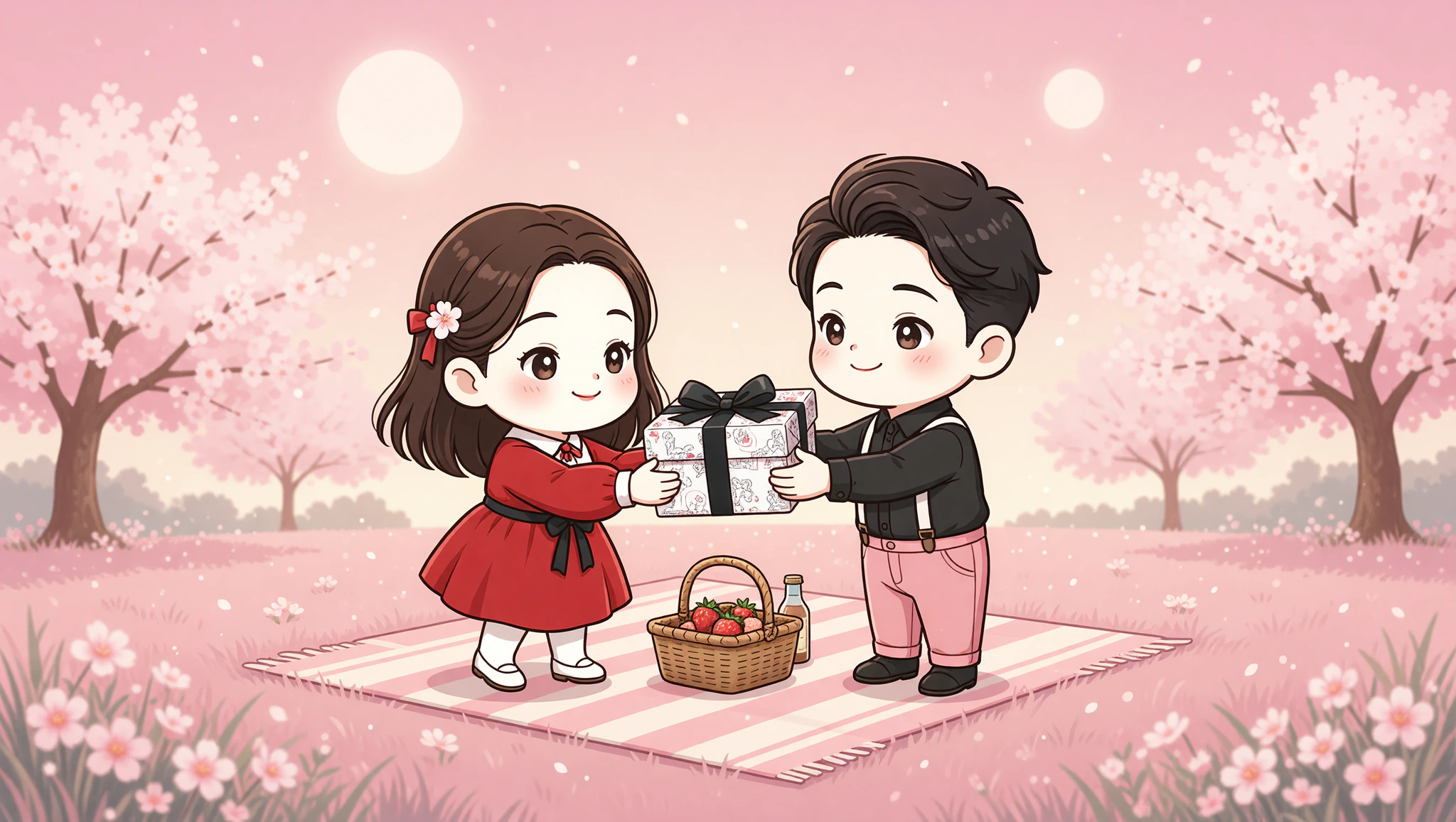 Chibi couple on flirty picnic sharing Kamasutra wrapped gift