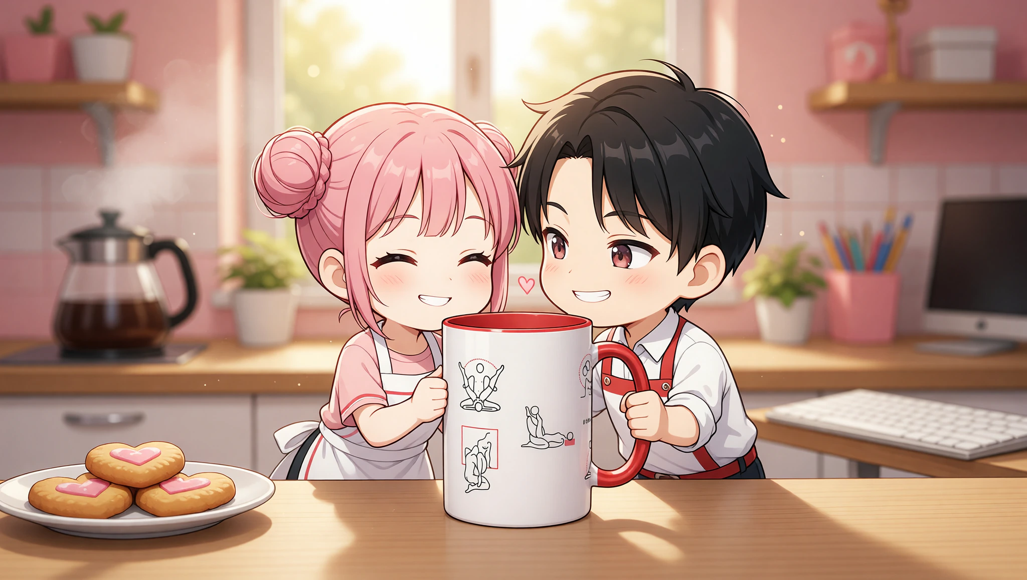 Couple enjoying flirty coffee reveal in Kamasutra Cute Mug for office desk teases