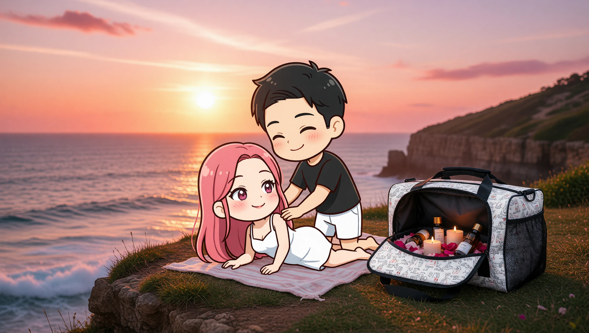 Couple enjoying cliffside massage getaway with discrete duffle bag.