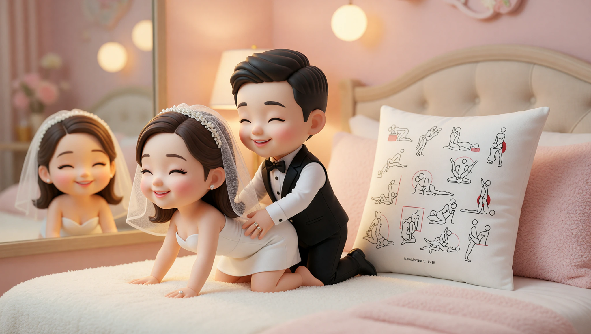 Newlywed couple trying doggy style position in front of a mirror.