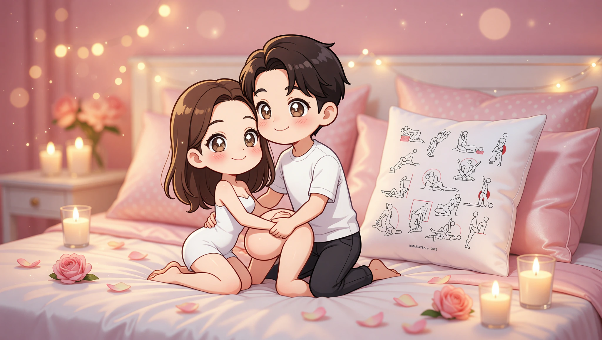 Coppia etero in posizione pecorina sul letto con cuscino, atmosfera intima.