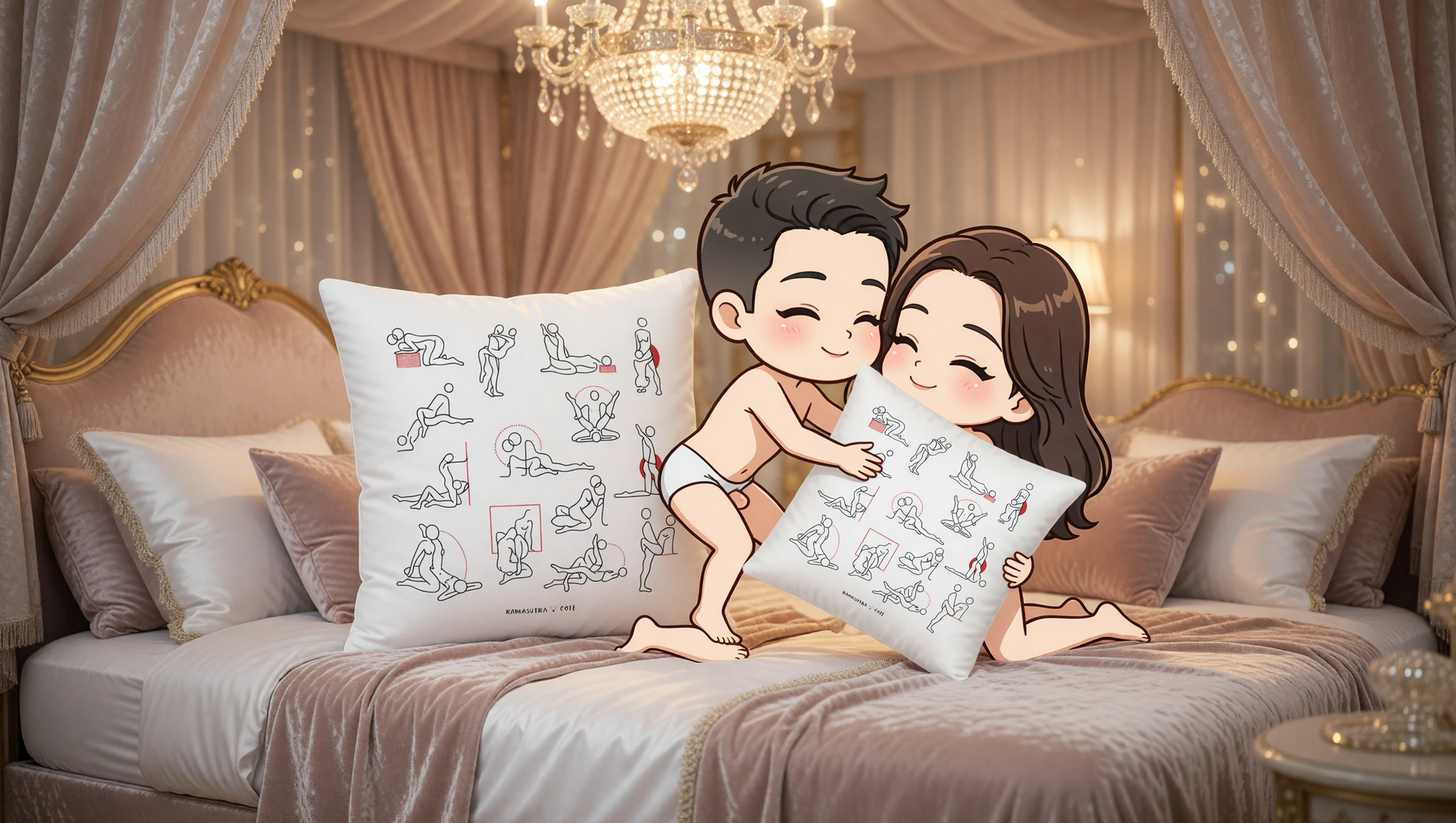 A man and woman passionately exploring a decadent bedroom sex position amid opulent silk sheets and pillows.