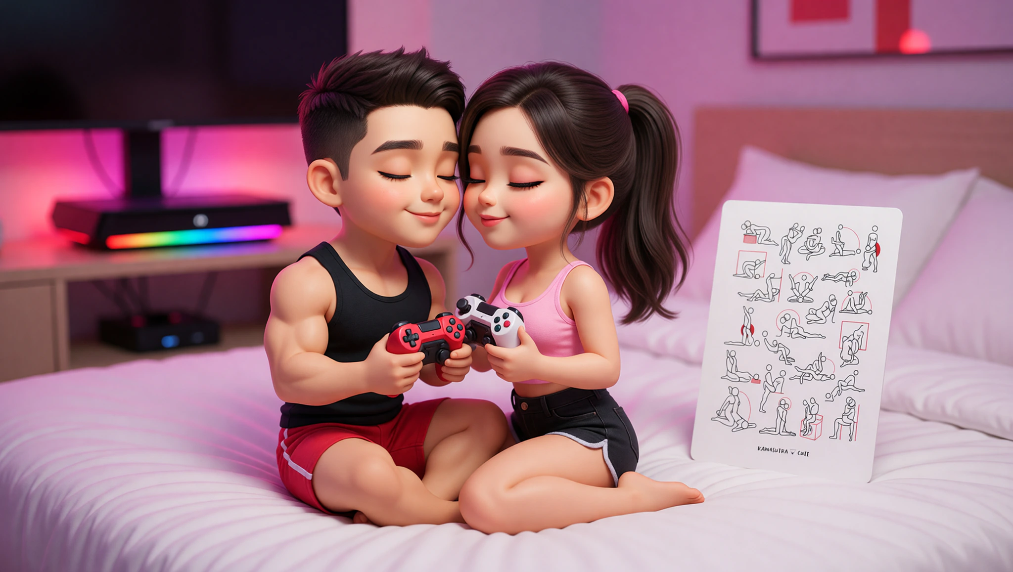 Pareja heterosexual apasionada en posición Kamasutra gamer, entrelazados con gamepads cerca en su habitación juguetona.