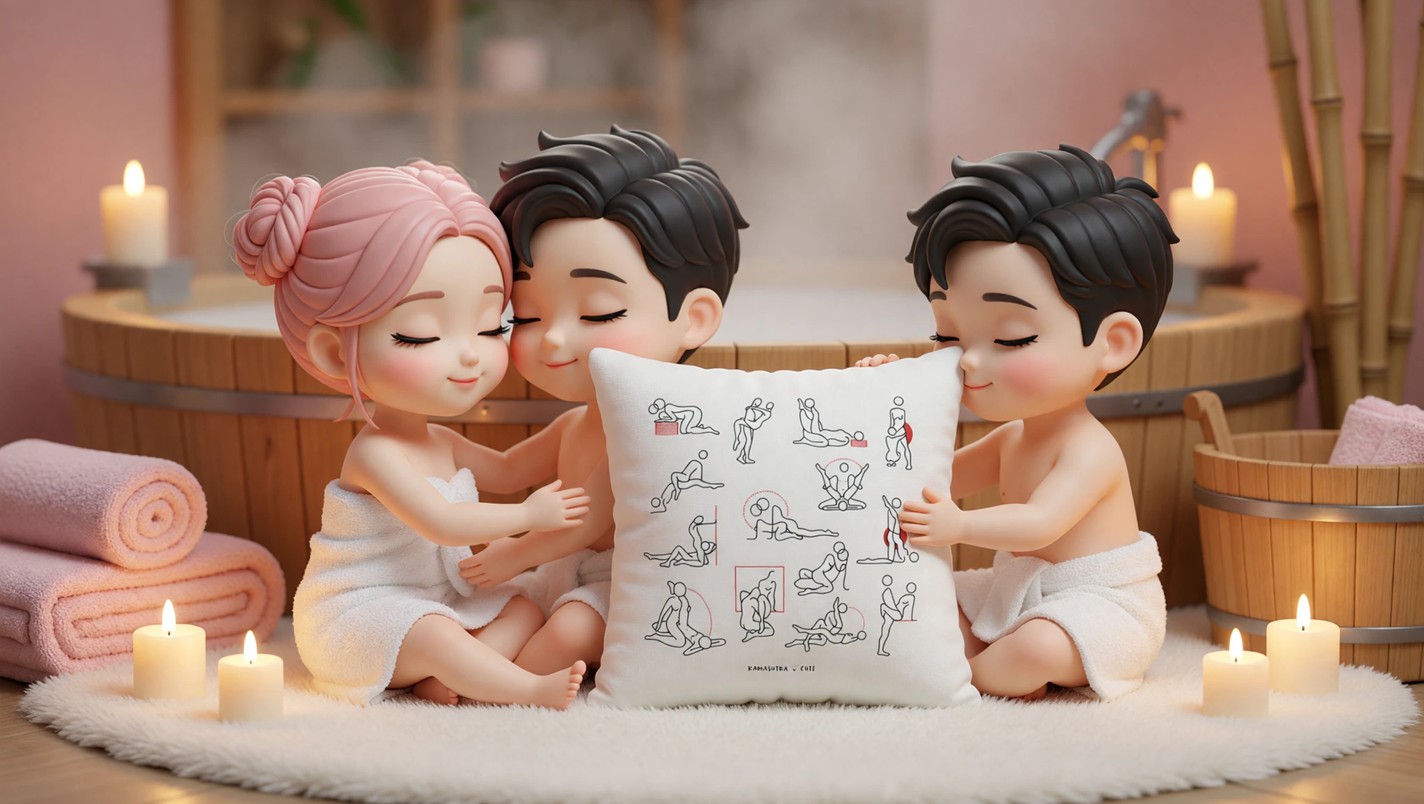 Pareja heterosexual en pose loto zen erótica en spa casero, conectados con pasión relajada.