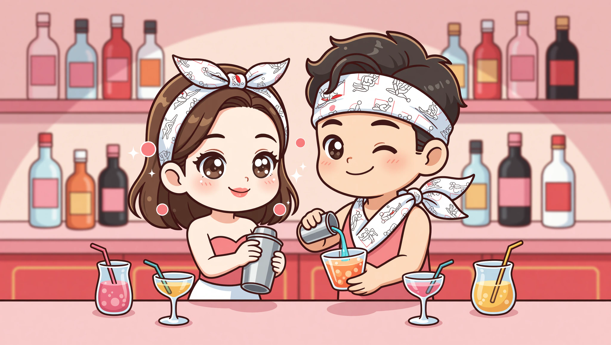 Chibi couple wearing Kamasutra bandanas crafting flirty home cocktails