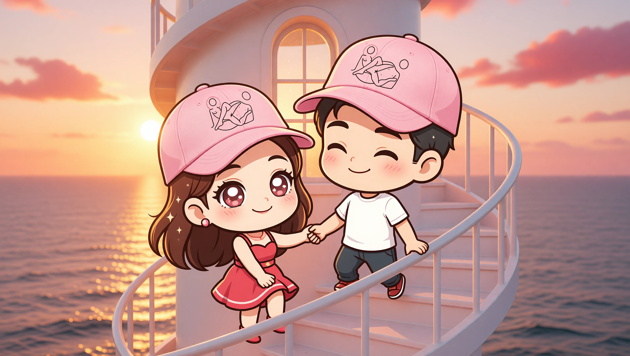 Couple in Kamasutra Cute pastel baseball hats on steamy lighthouse climb date