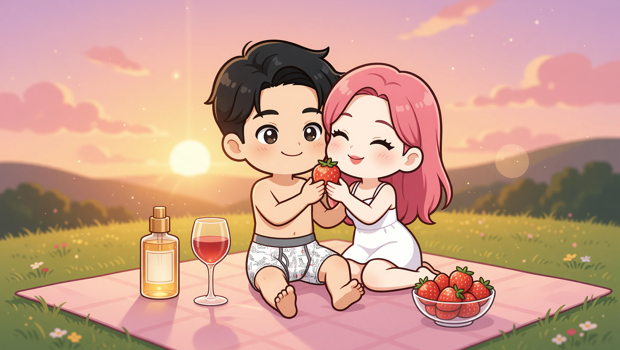 Couple enjoying sunset picnic prelude to oil massage night in Kamasutra Cute Boxer Briefs