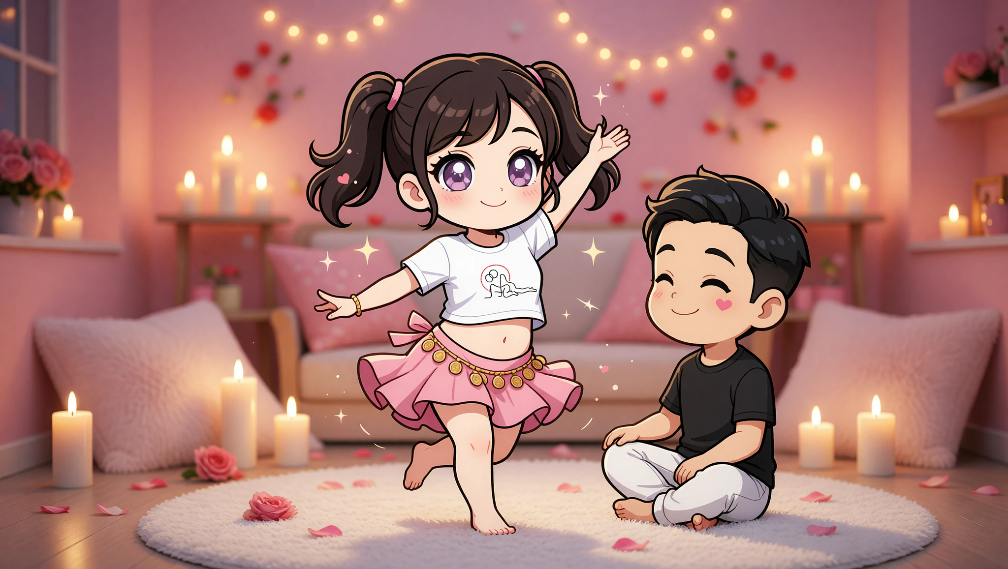 Couple enjoying intimate bellydance rehearsal evening with Kamasutra crop top.