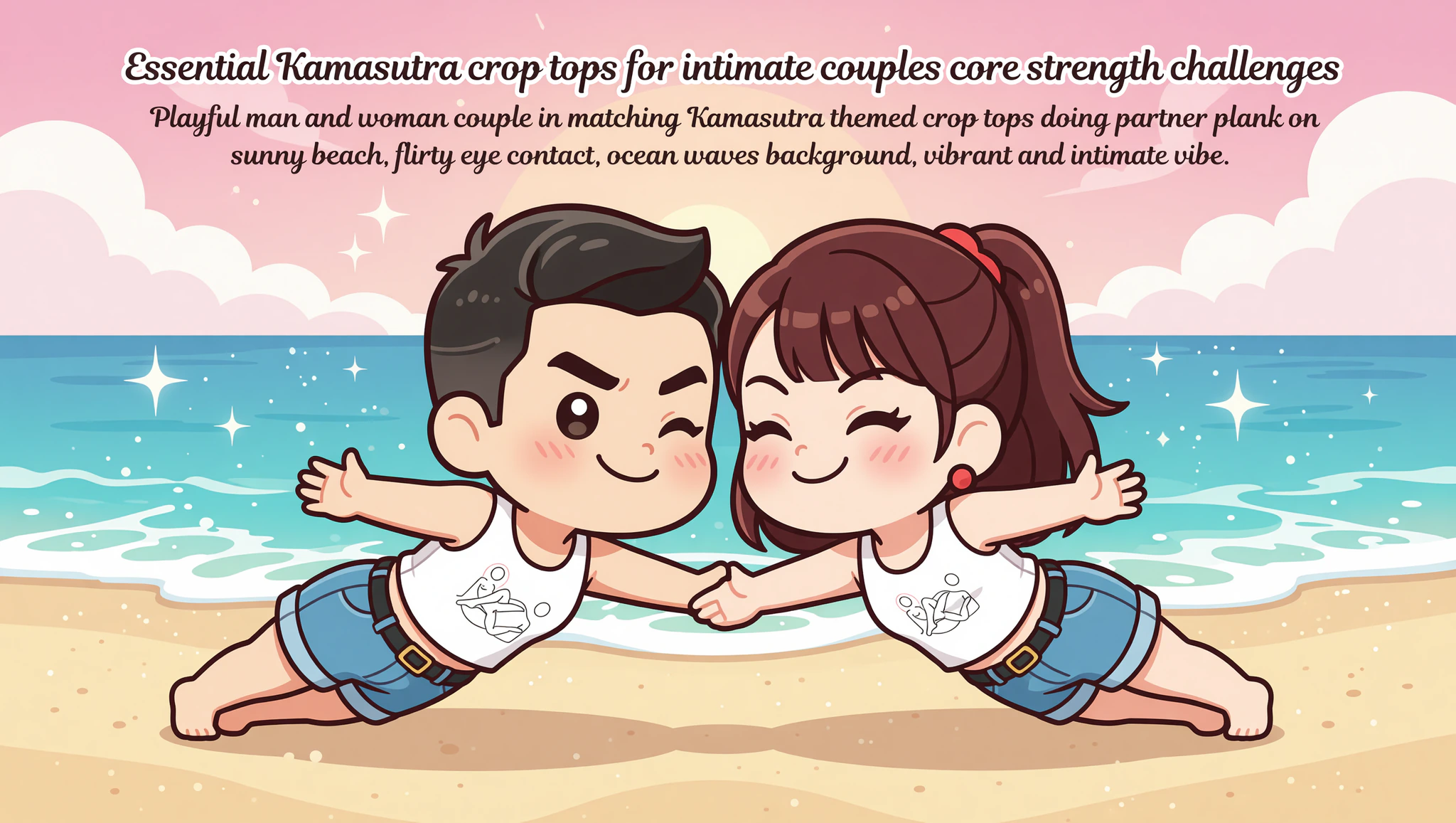 Couple in Kamasutra Cute Crop Tops enjoying beachside partner planks.