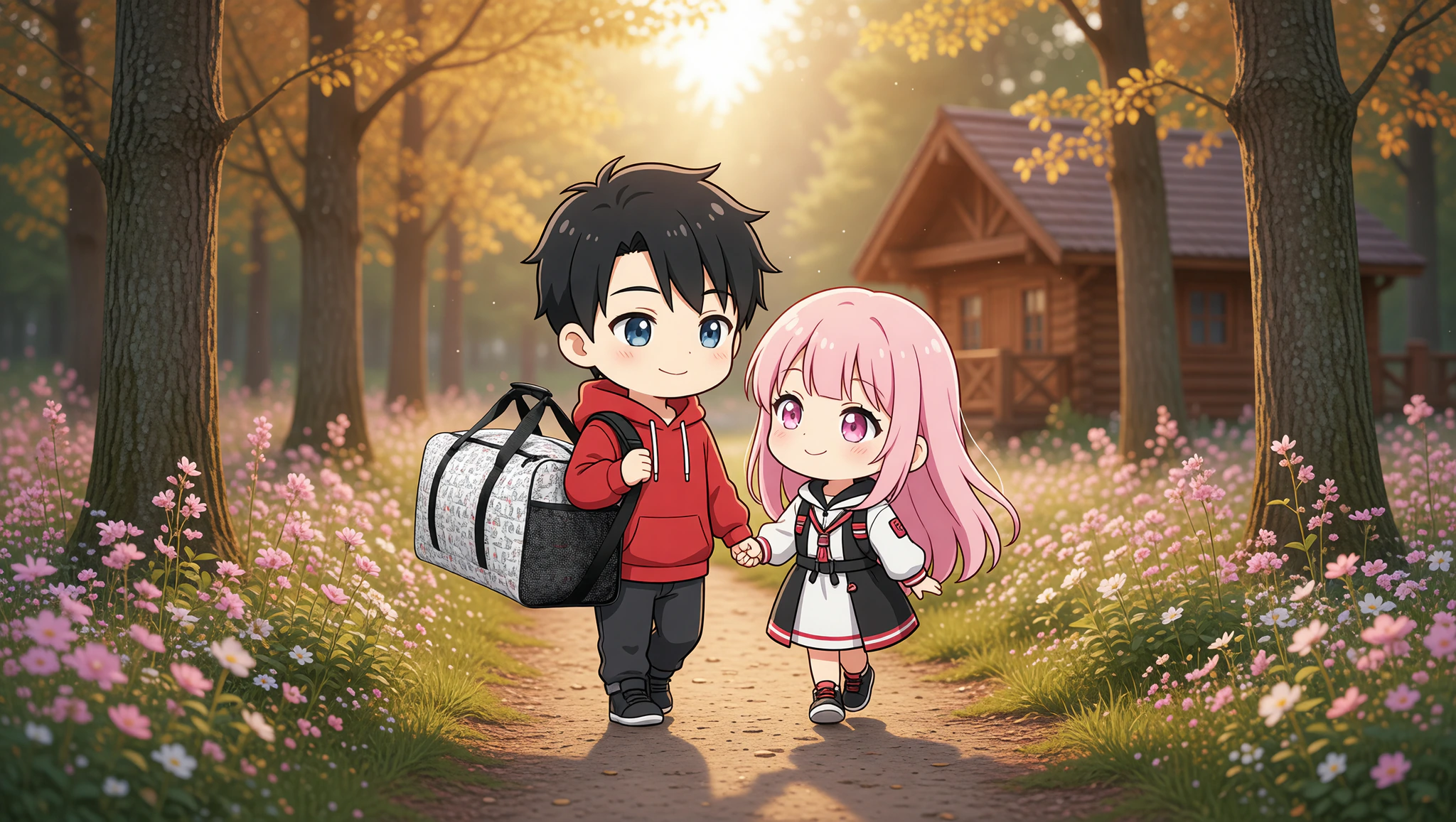 Couple on cabin retreat hike with Kamasutra Cute - Duffle bag.