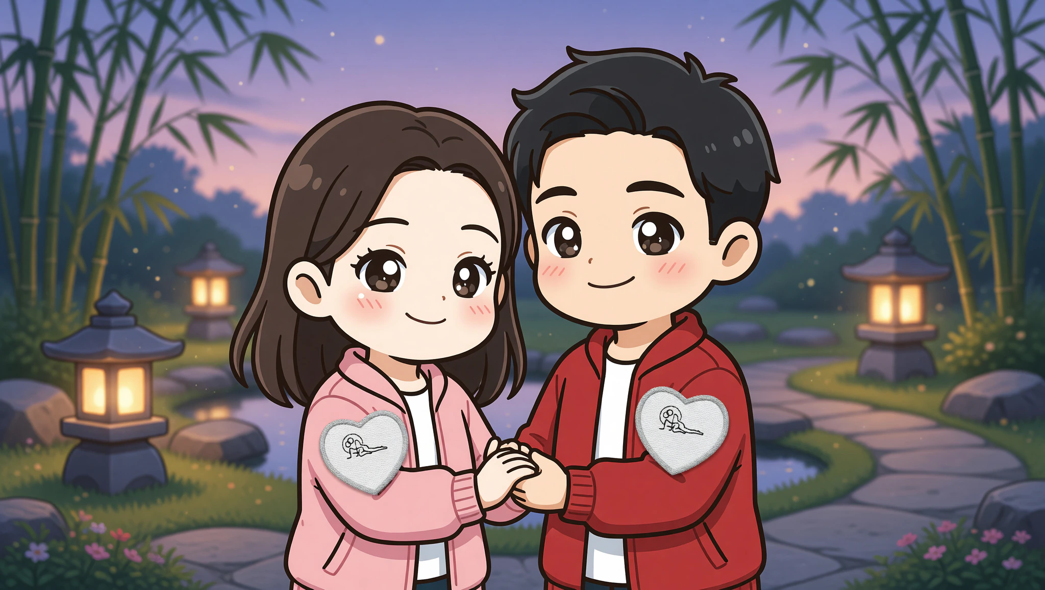 Chibi couple in zen garden wearing Kamasutra cute patches