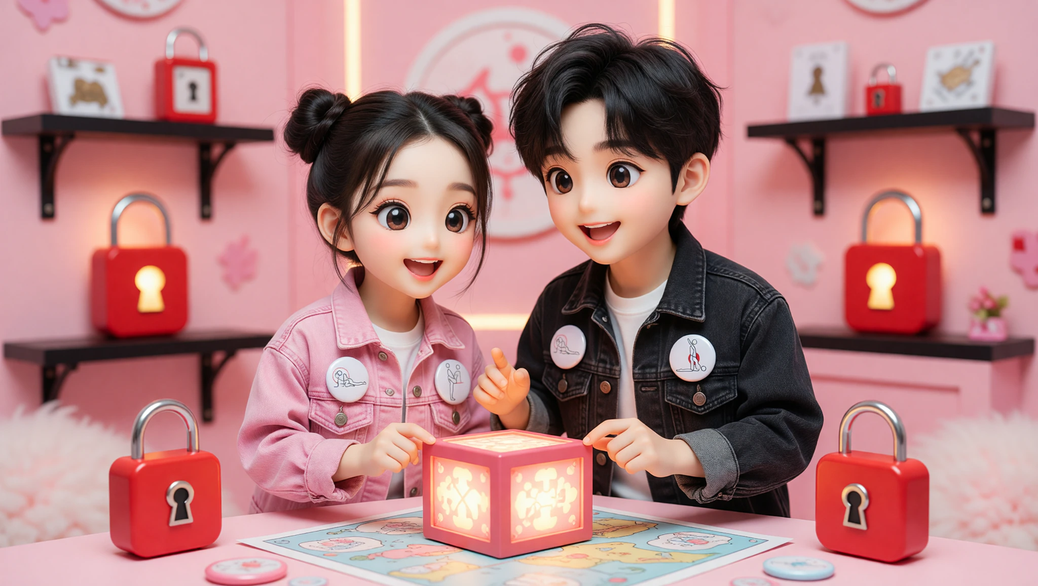 Chibi couple in escape room with Kamasutra pin buttons.
