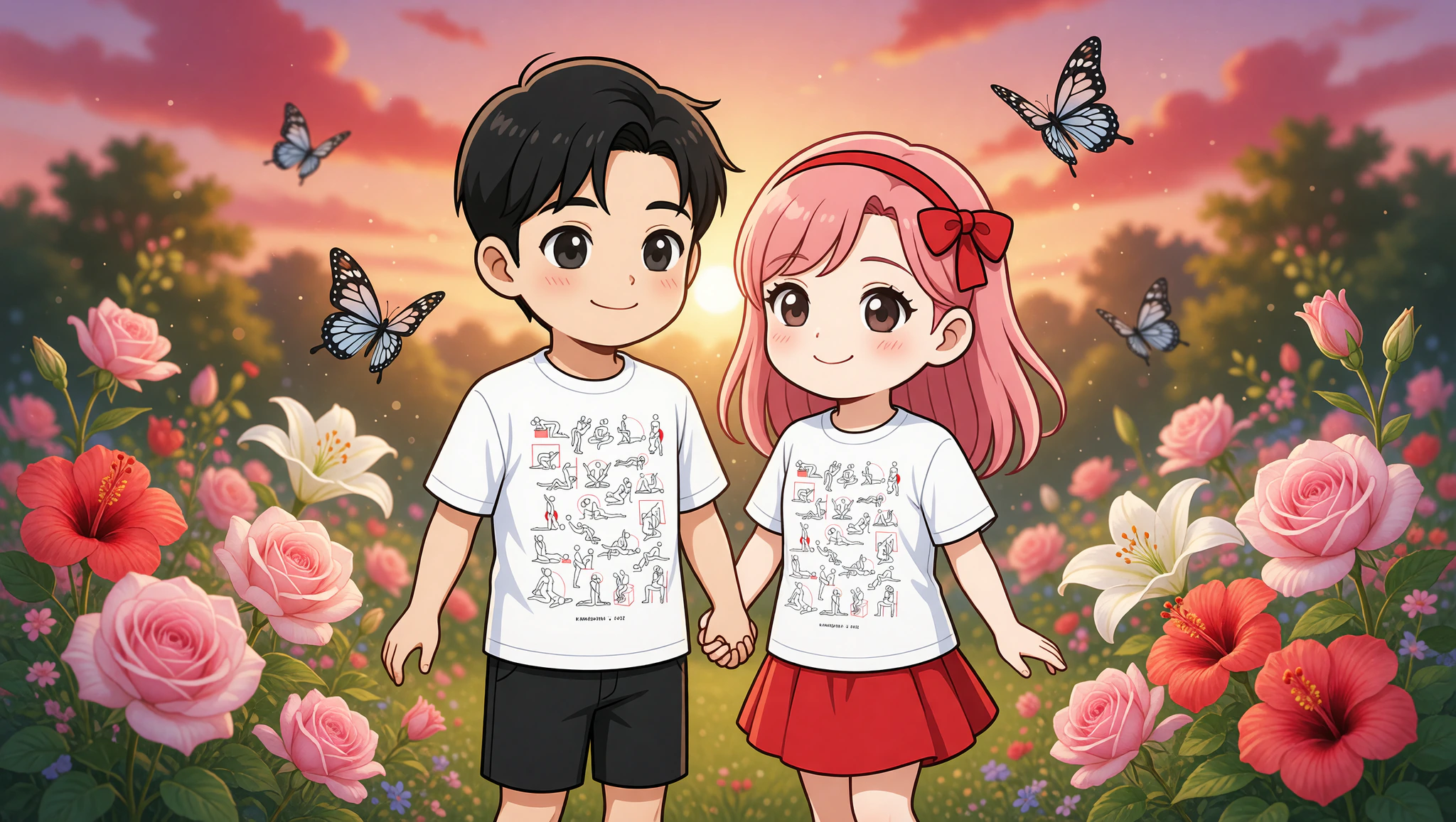 Chibi couple in Kamasutra Cute tees on flirty botanical garden date.