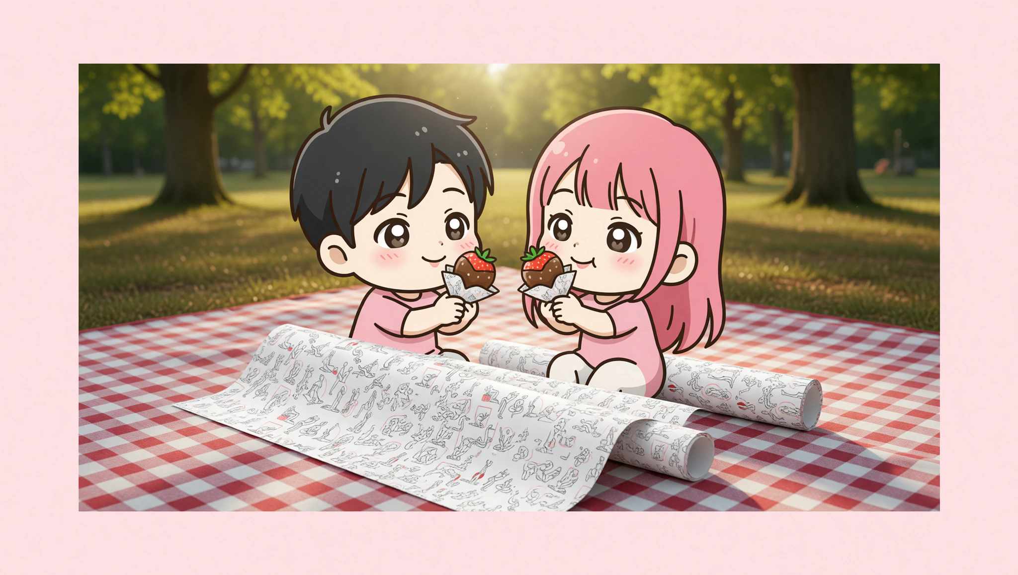 Couple enjoying flirty picnic with Kamasutra Cute edible treat sheets.