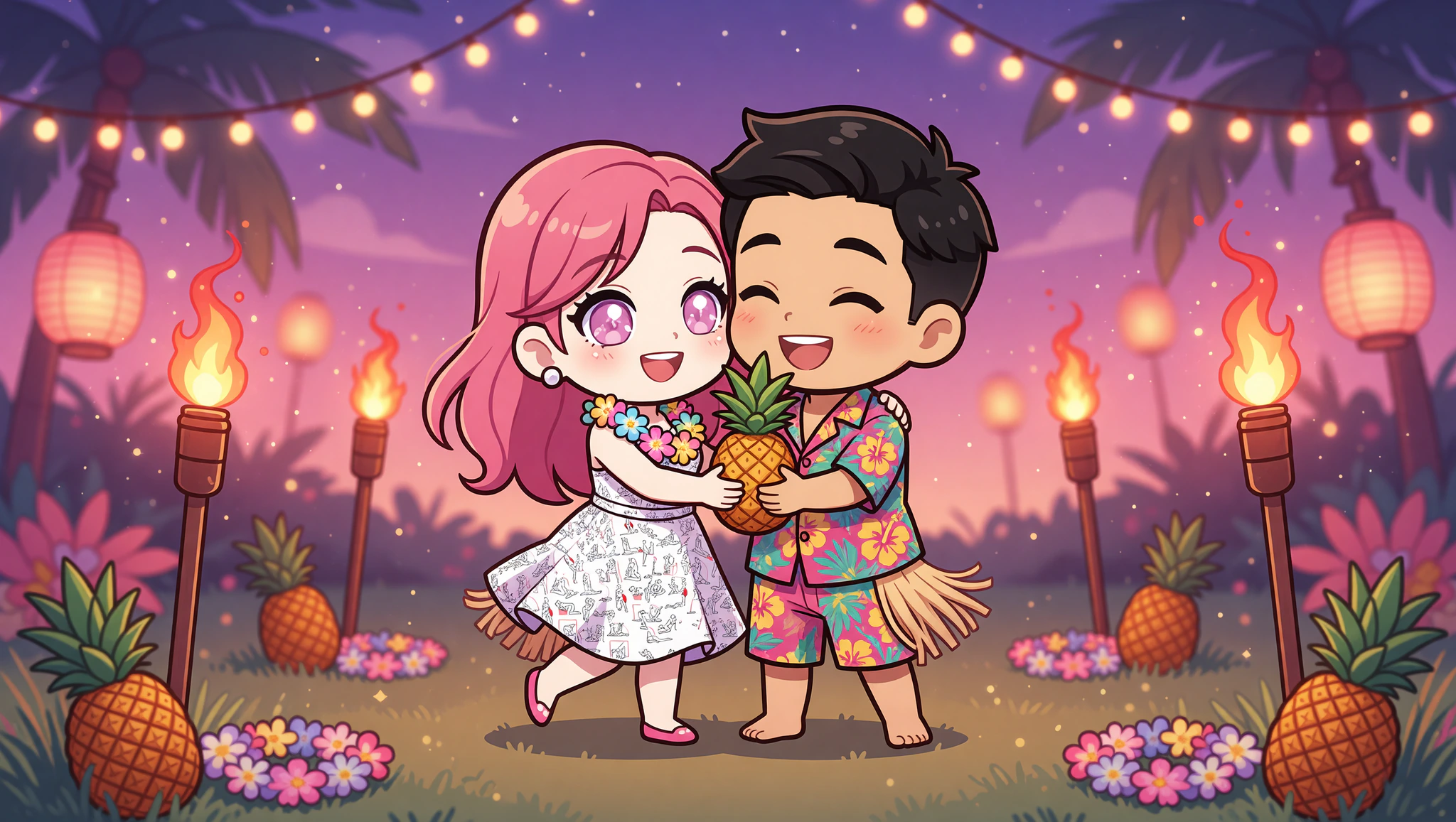 Couple enjoying backyard luau in Kamasutra Cute - Skater Dress