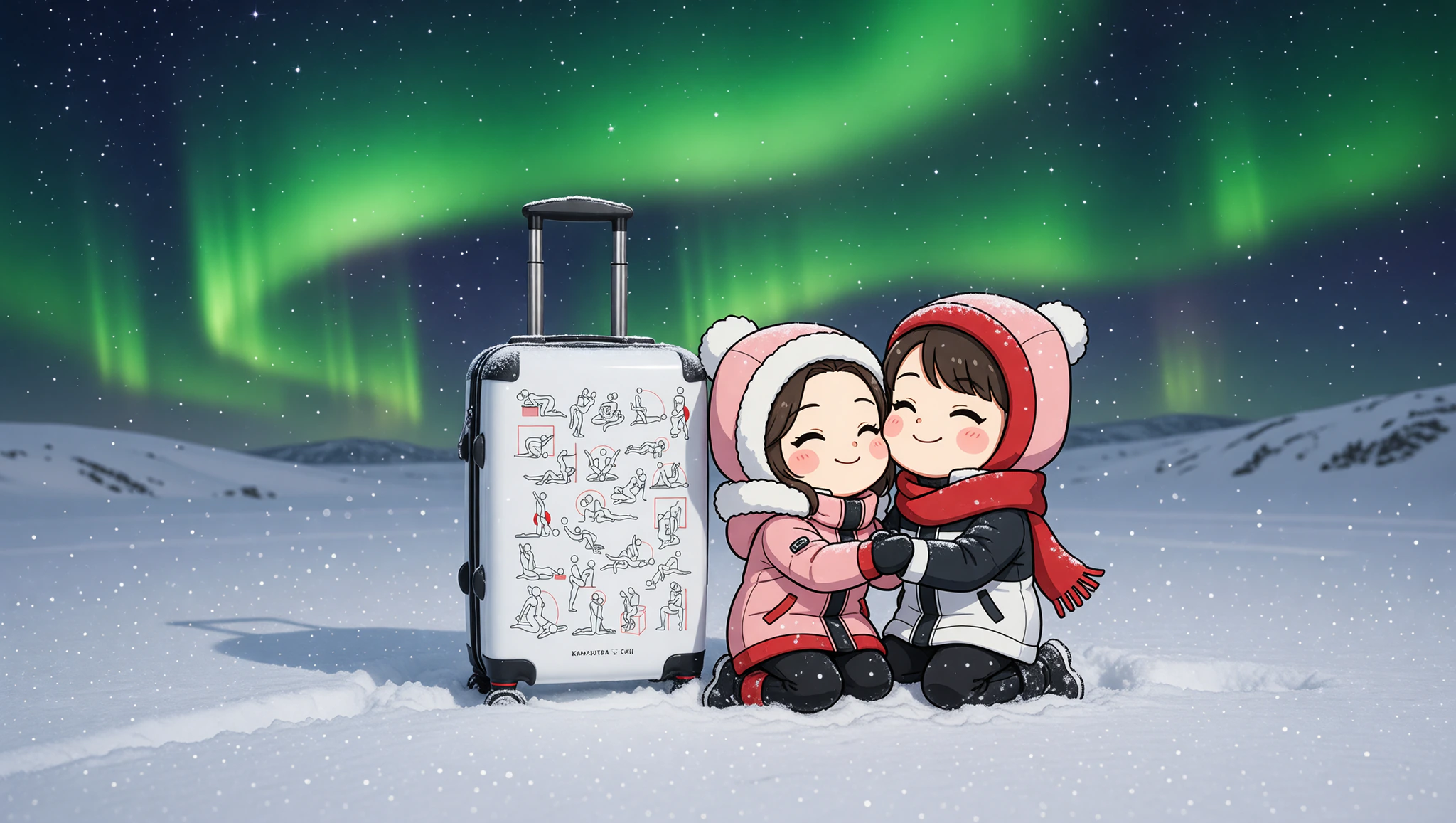 Couple on aurora adventure with Kamasutra Cute suitcase.