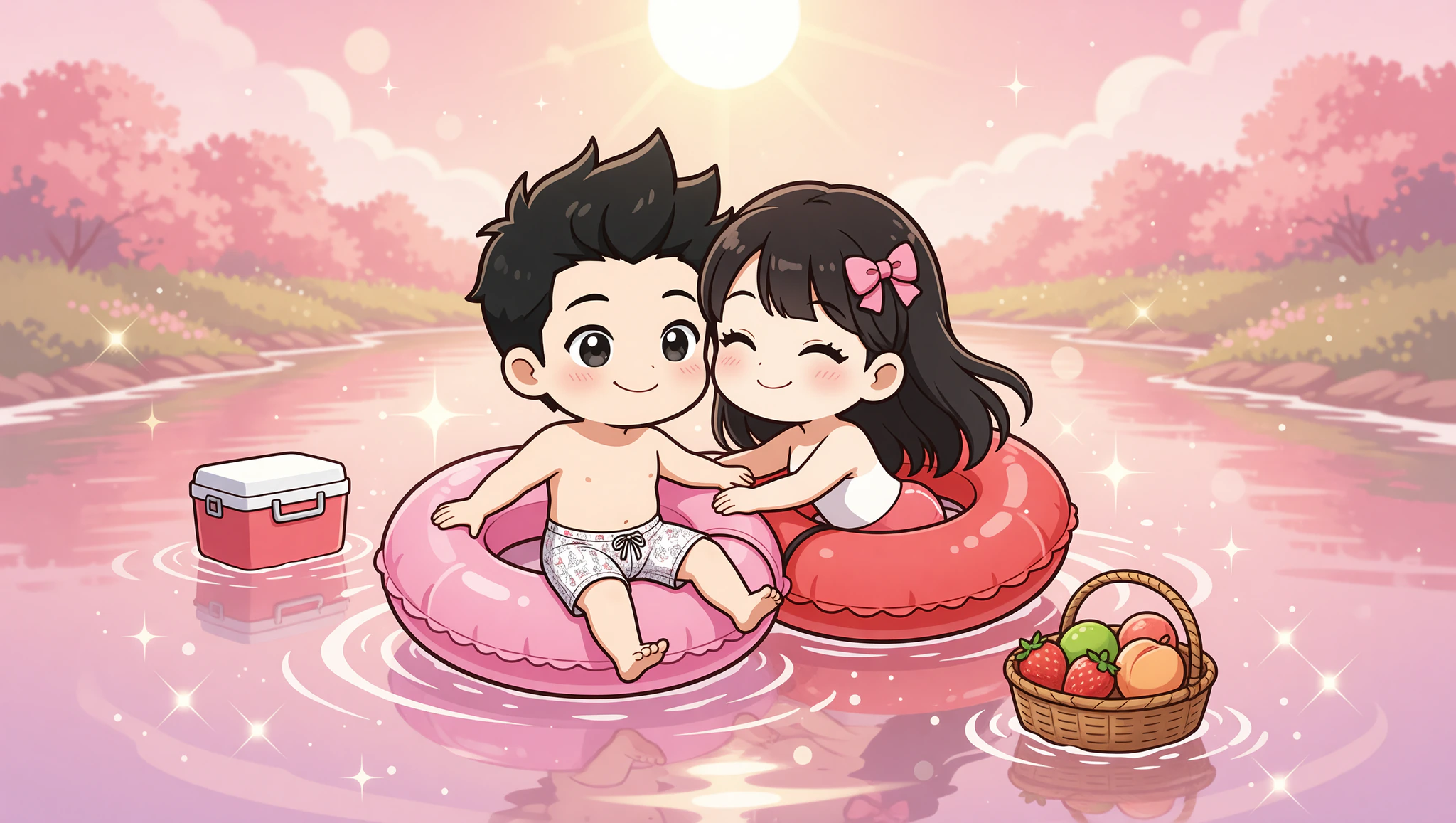 Couple in Kamasutra Cute Recycled Swim Trunks enjoying intimate river tubing date.