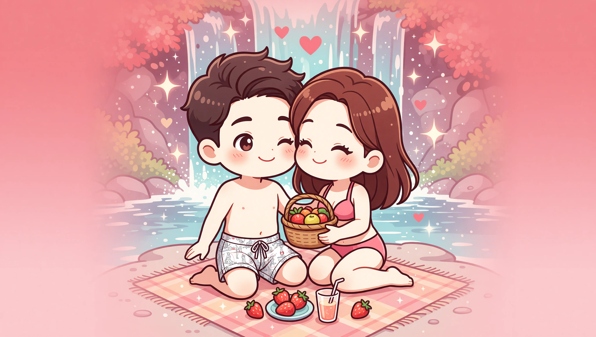 Chibi couple at waterfall picnic in Kamasutra swim trunks.