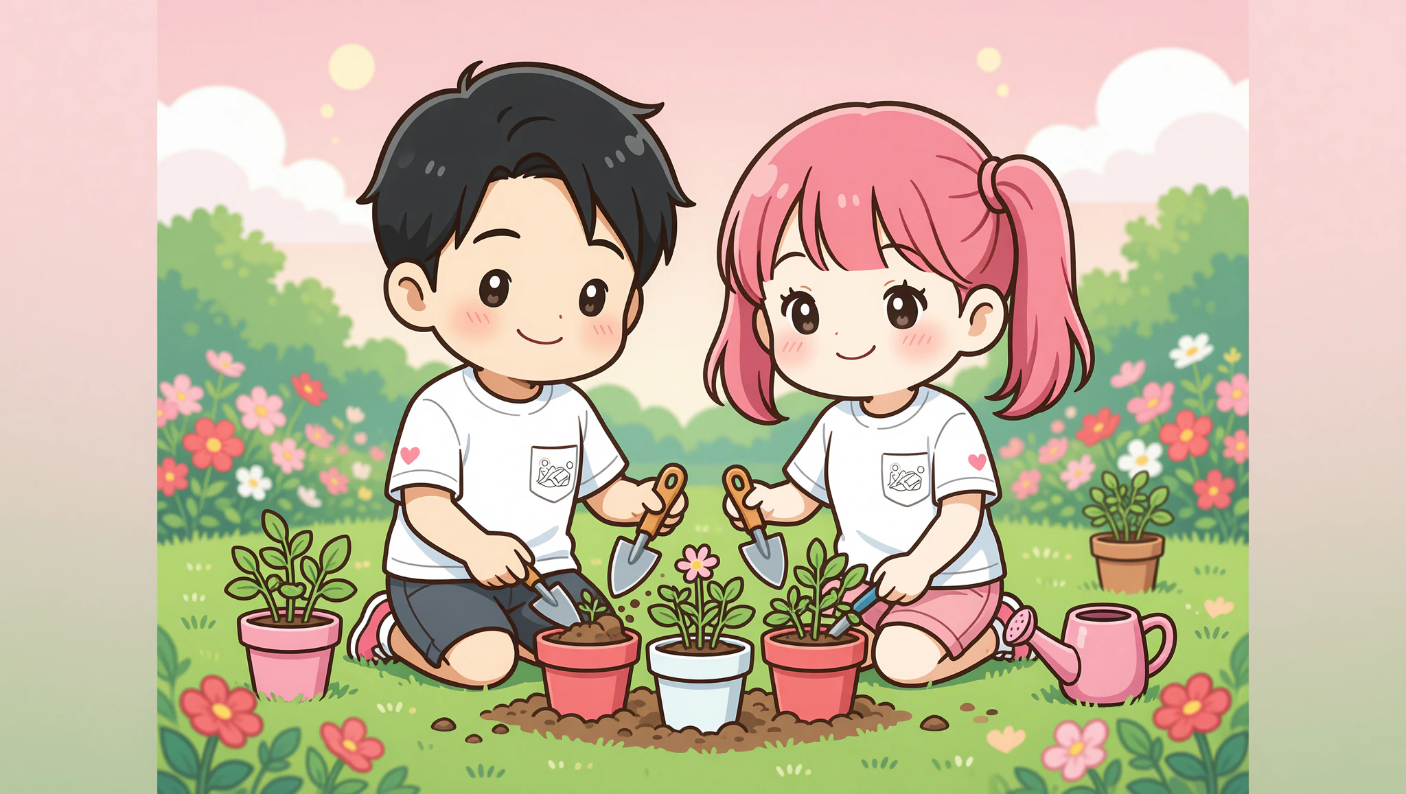 Chibi couple in Kamasutra tees planting herbs on a park date