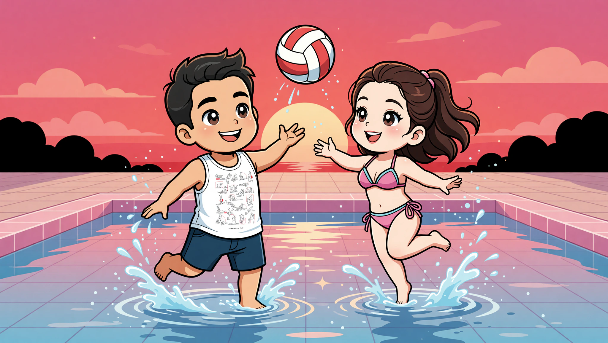 Chibi couple splashing in pool volleyball with Kamasutra tank top.