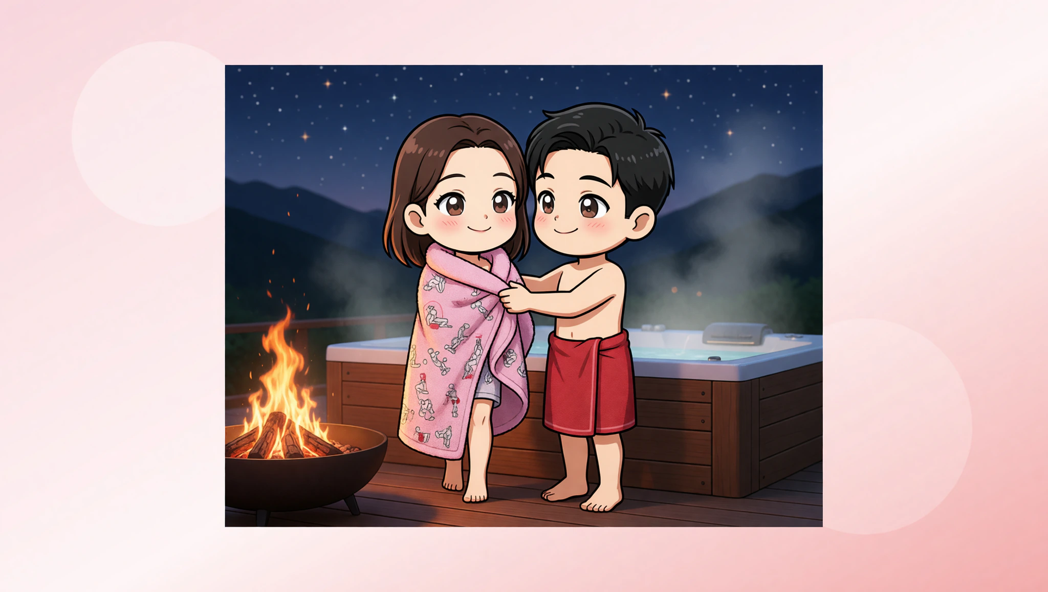 Couple enjoying intimate cabin hot tub night with Kamasutra Cute - Towel