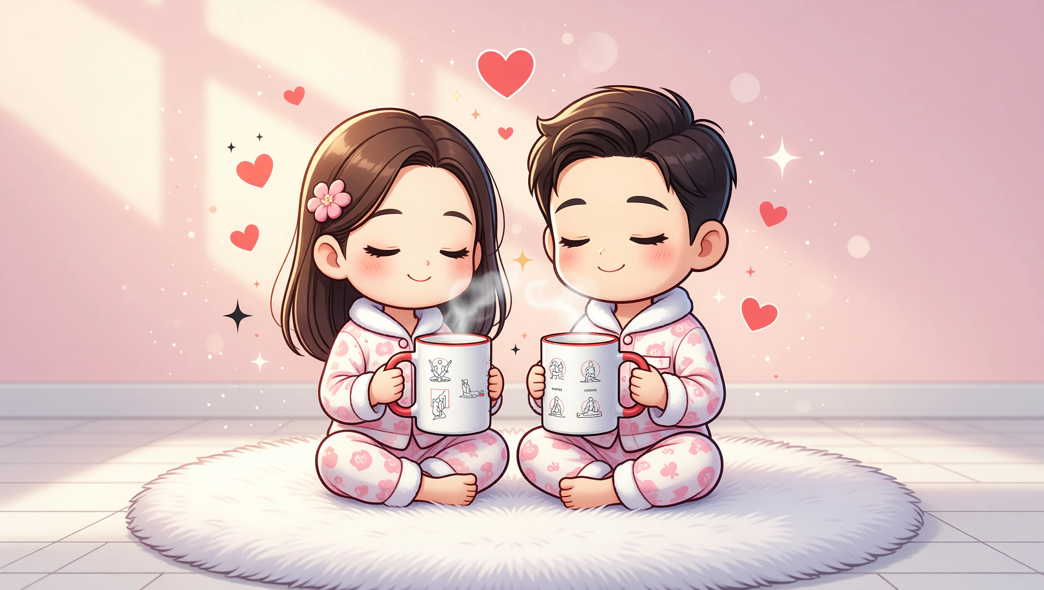 Chibi couple meditating with Kamasutra Cute colorful mugs at dawn