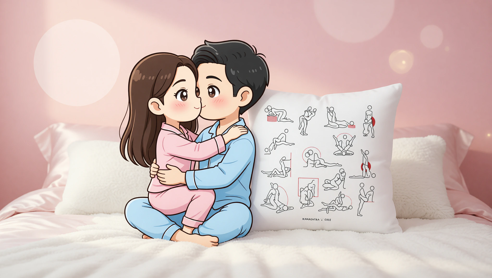 Pareja heterosexual en postura de abrazo evolucionado con almohada Kamasutra, mirada intensa y pasión palpable.