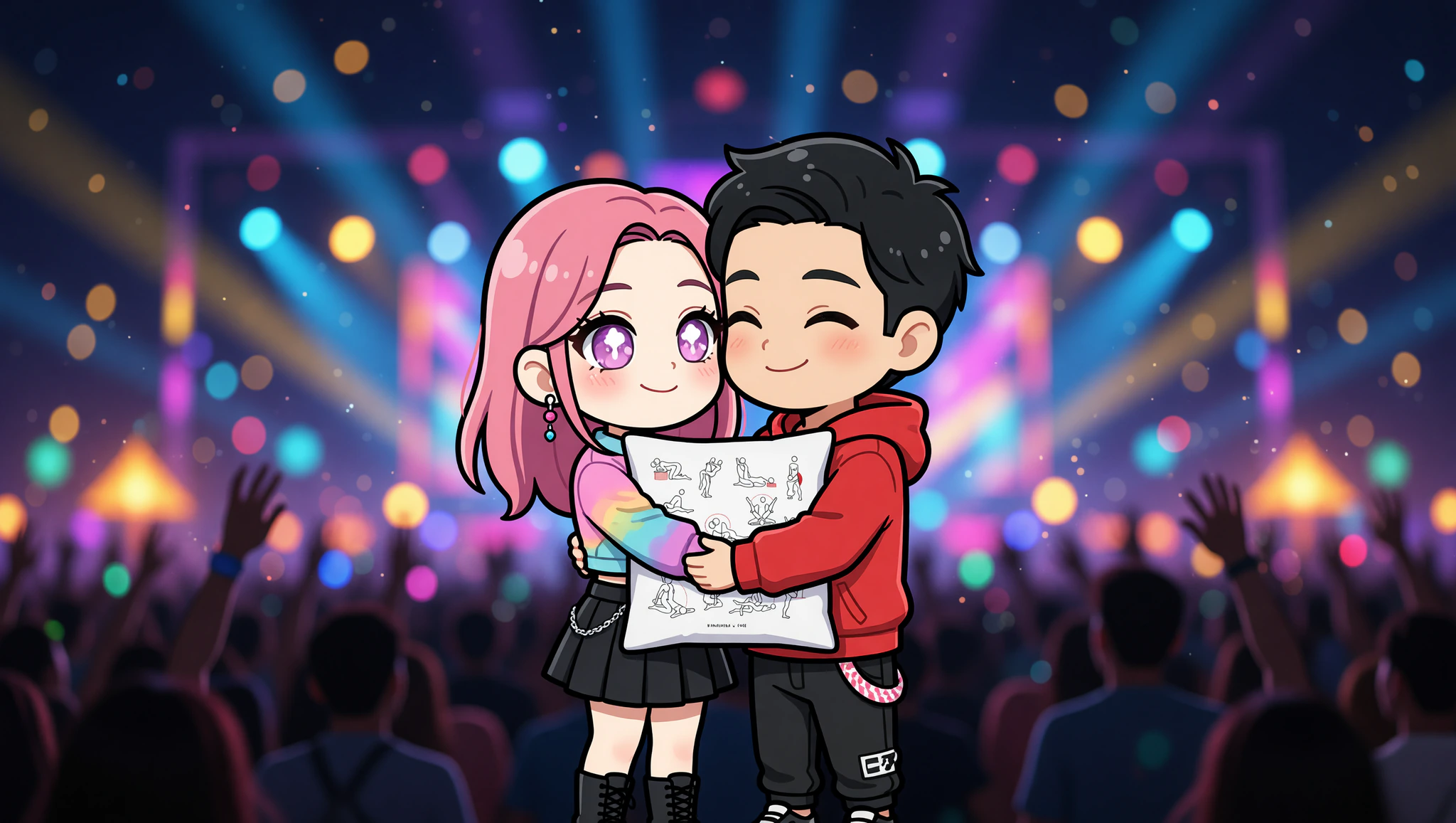 A man and woman couple sharing an intimate festival position amid glowing lights and music vibes.