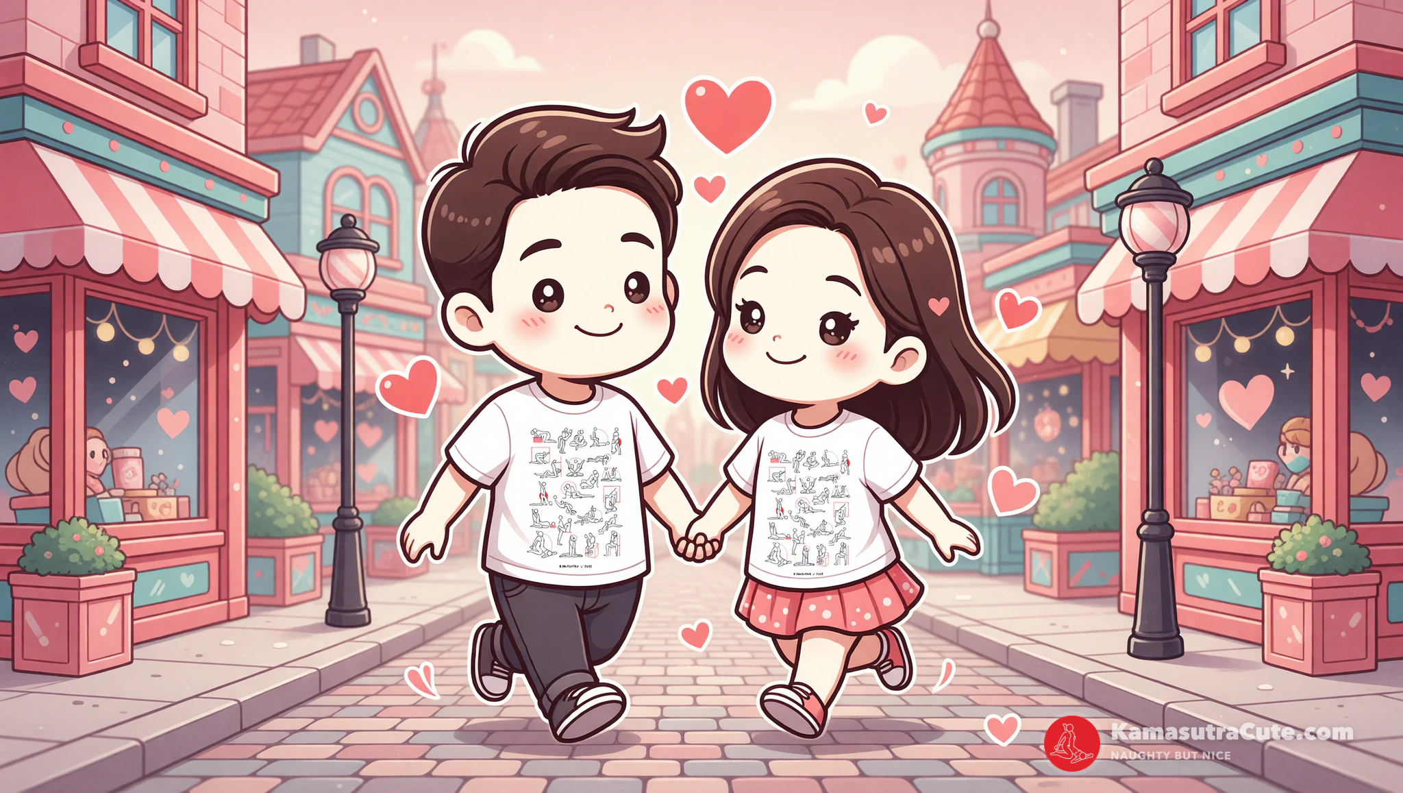 Man and woman in Kamasutra Cute tees enjoying naughty couples city walking tour.