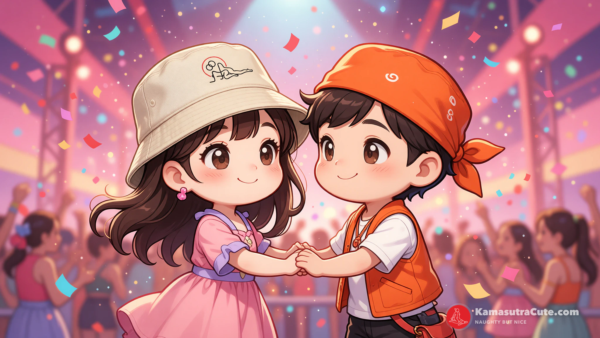 Couple rocking festival outfits: her in bucket hat and boho skirt, him in bandana and cargos, matching playfully.