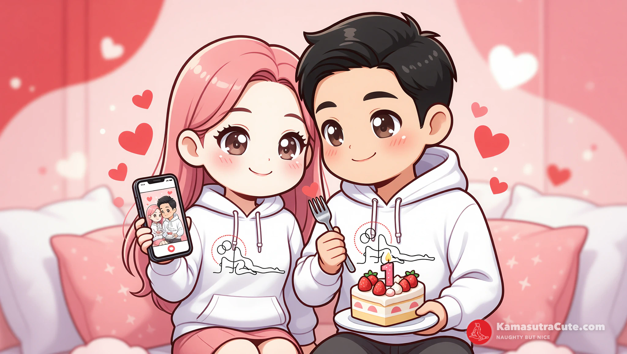 Couple in Kamasutra Cute hoodies celebrating first LDR anniversary virtually.