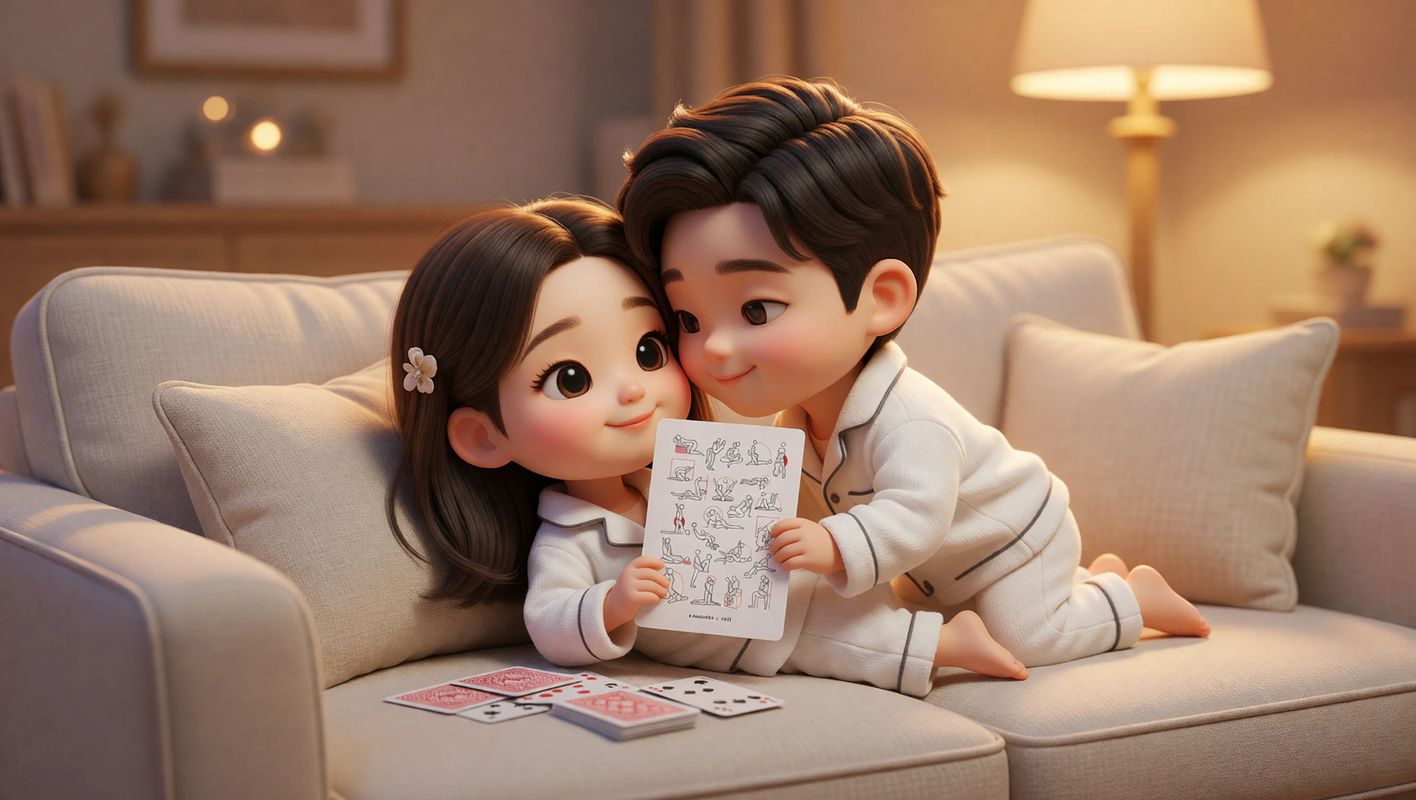 Couple moving from game night on couch to intimate position together.