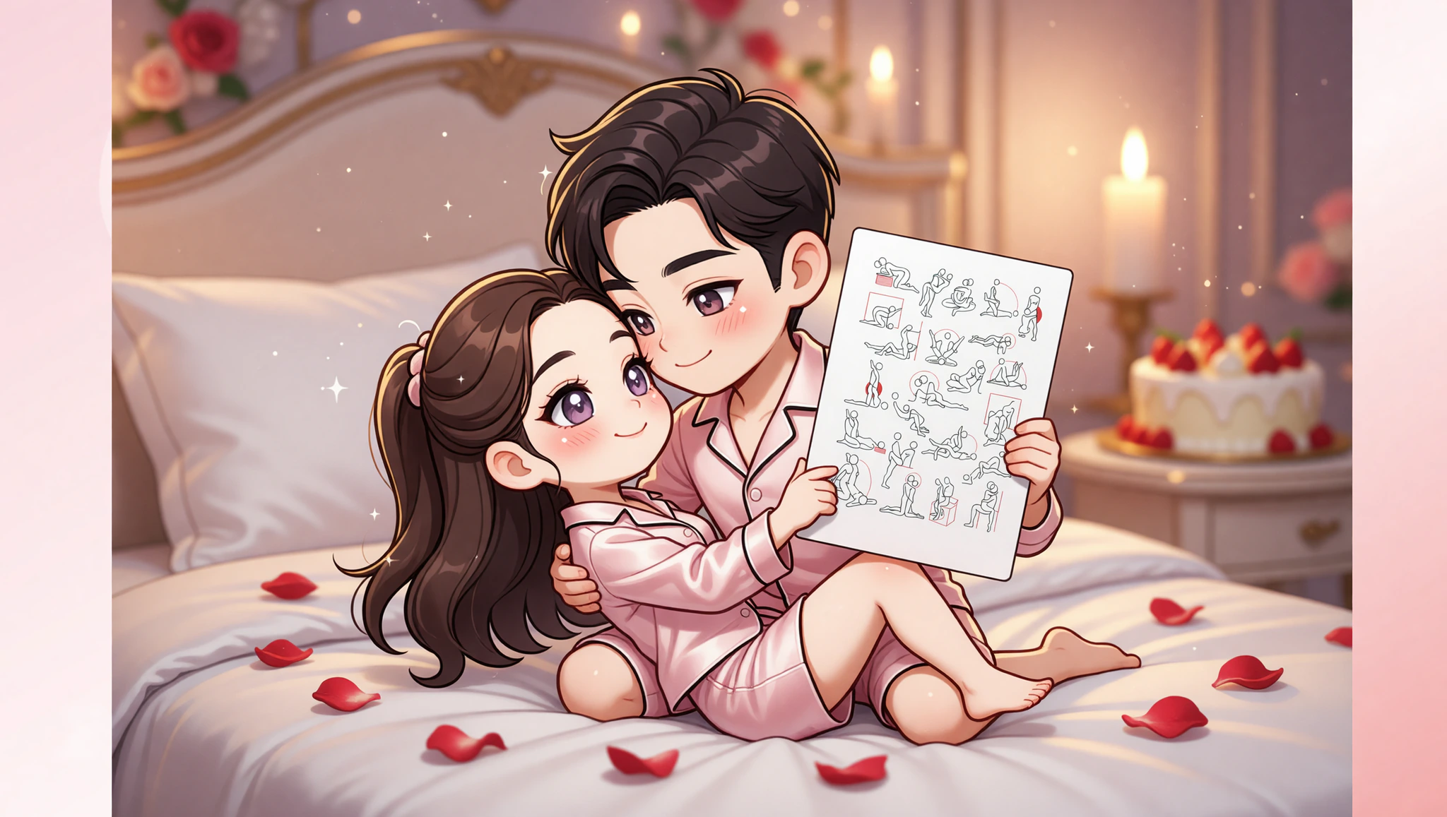 Zmysłowa para mężczyzny i kobiety w wariacji pierwszej pozycji na romantycznej rocznicy z świecami i płatkami róż.