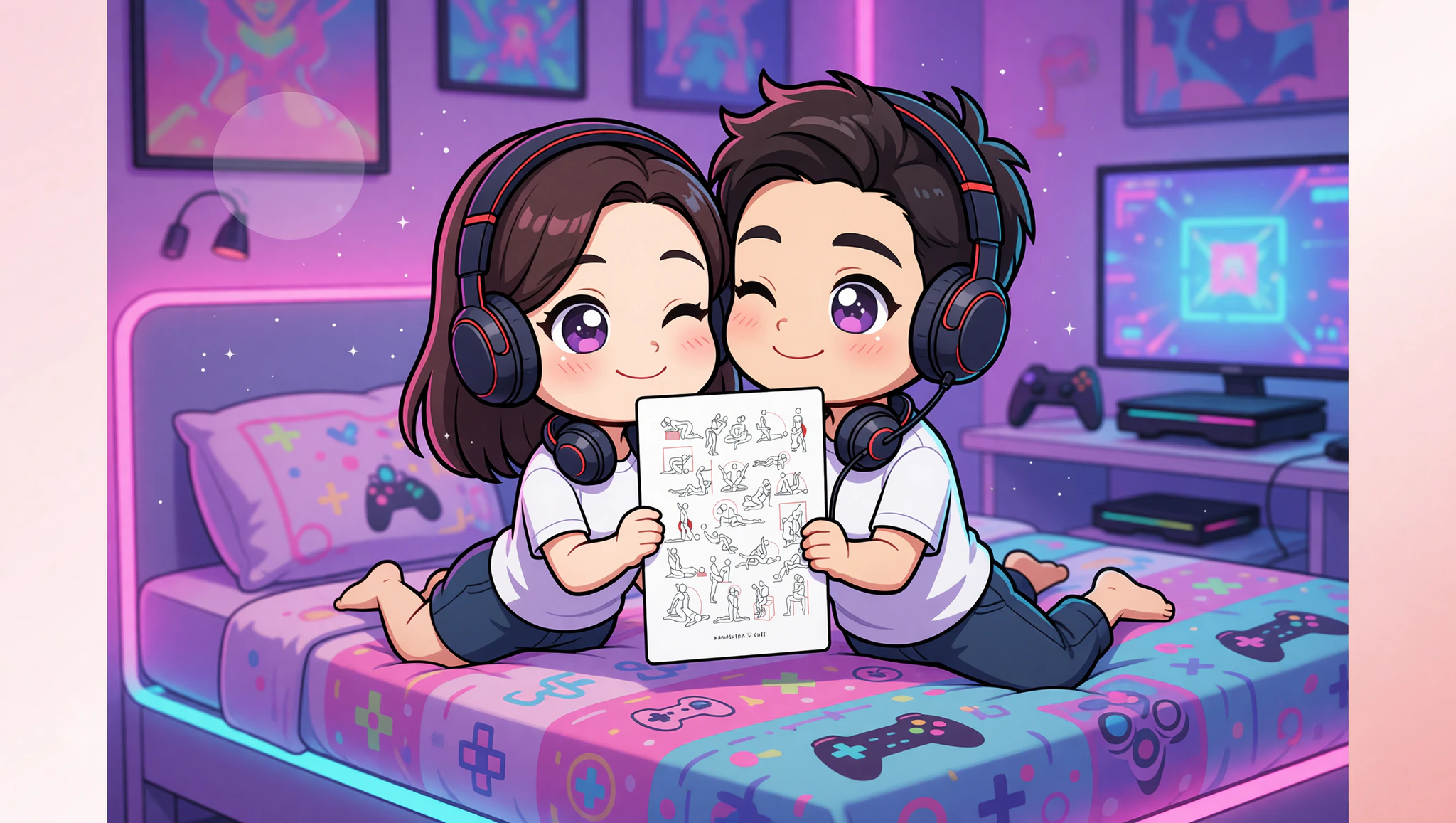 Excited gamer couple intimately connected in First Position surrounded by gaming setups.