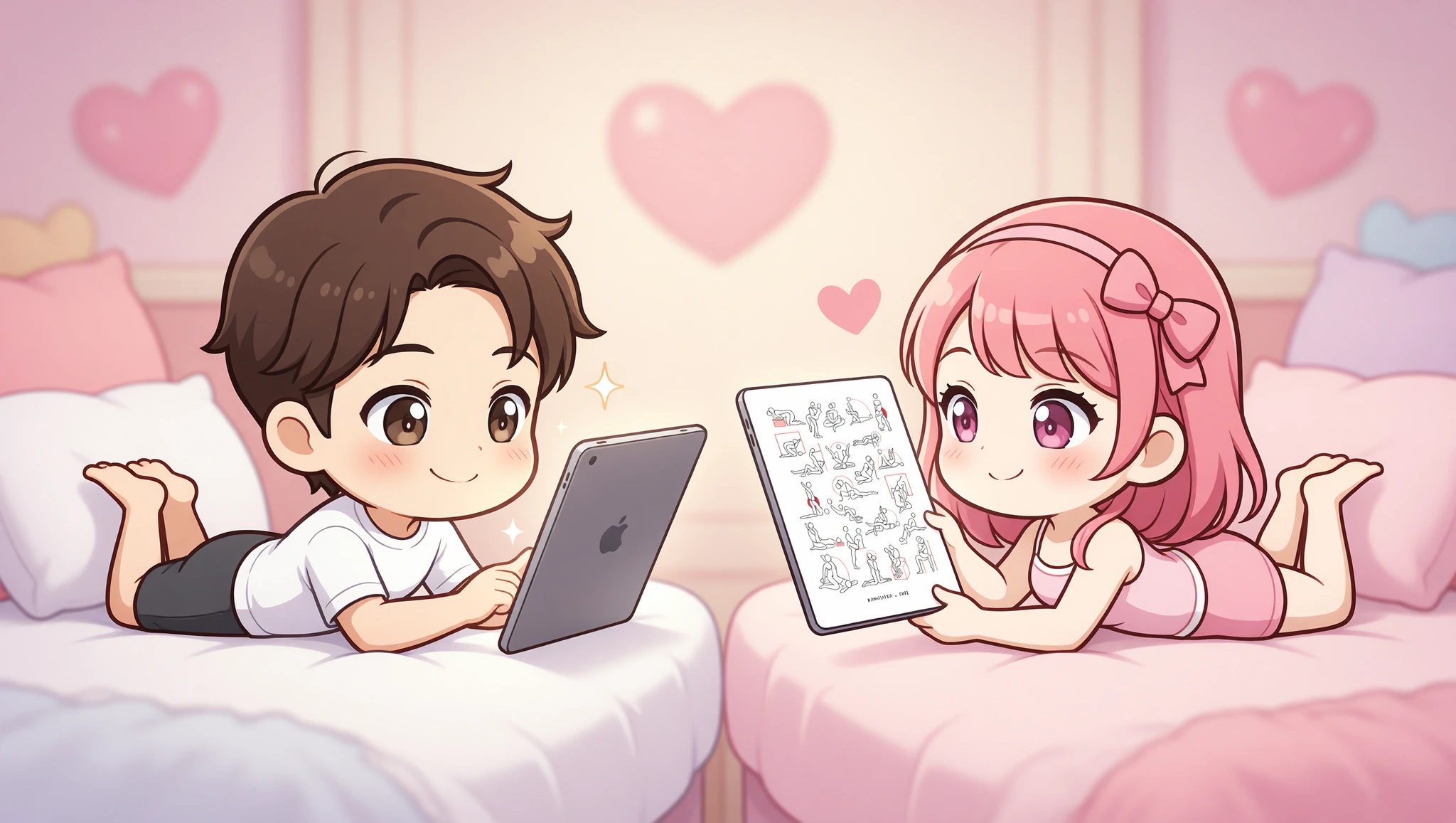 Man and woman passionately recreating first position intimacy through a video call.