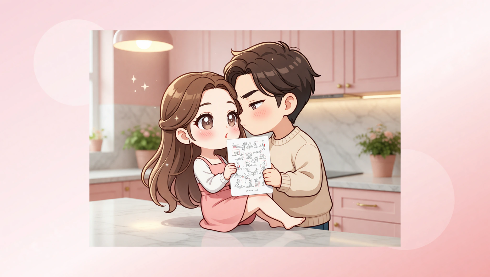 Para zakochanych w kuchni: ona na blacie, on w pierwszej pozycji, pełna pasji i bliskości.