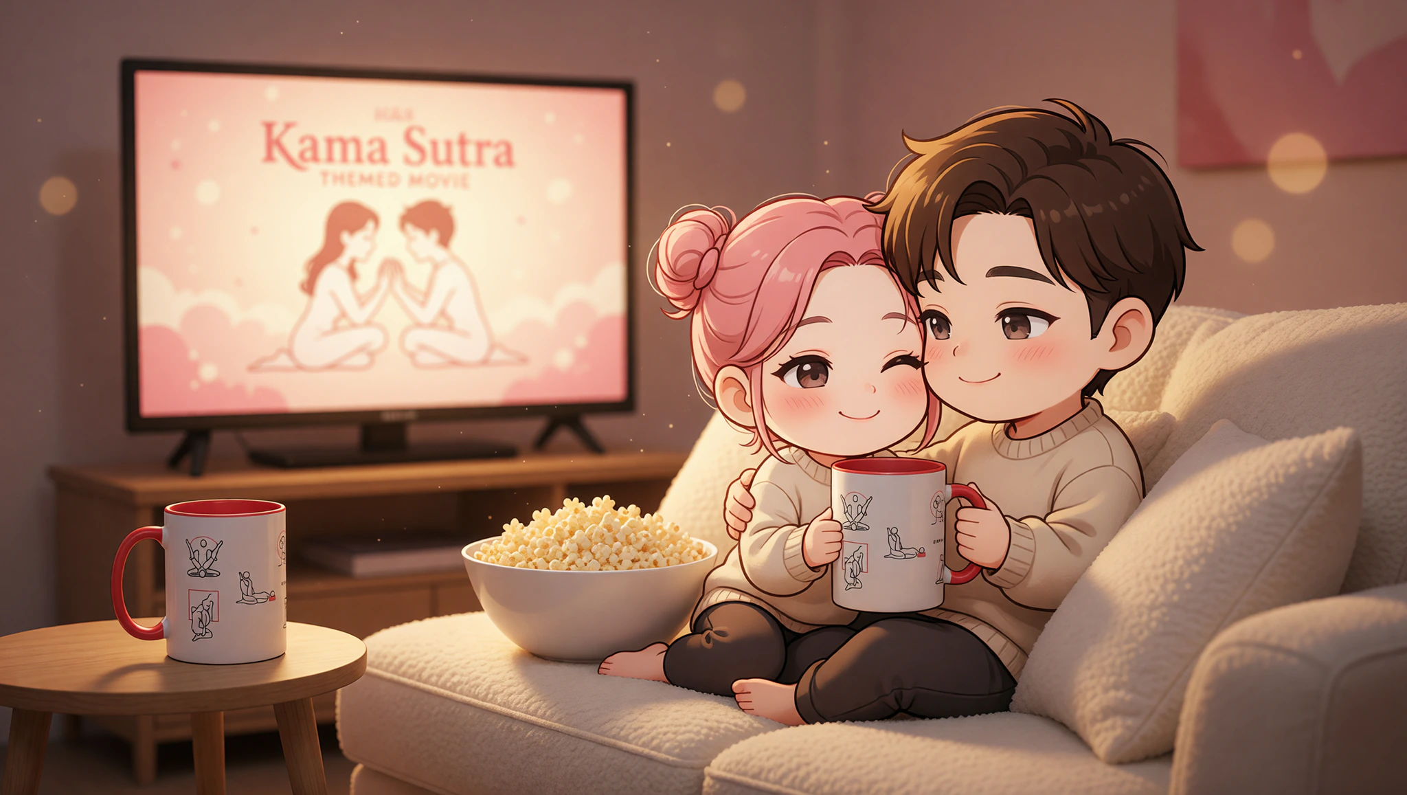 Man and woman snuggling on couch during a steamy Kama Sutra movie for game night seduction.