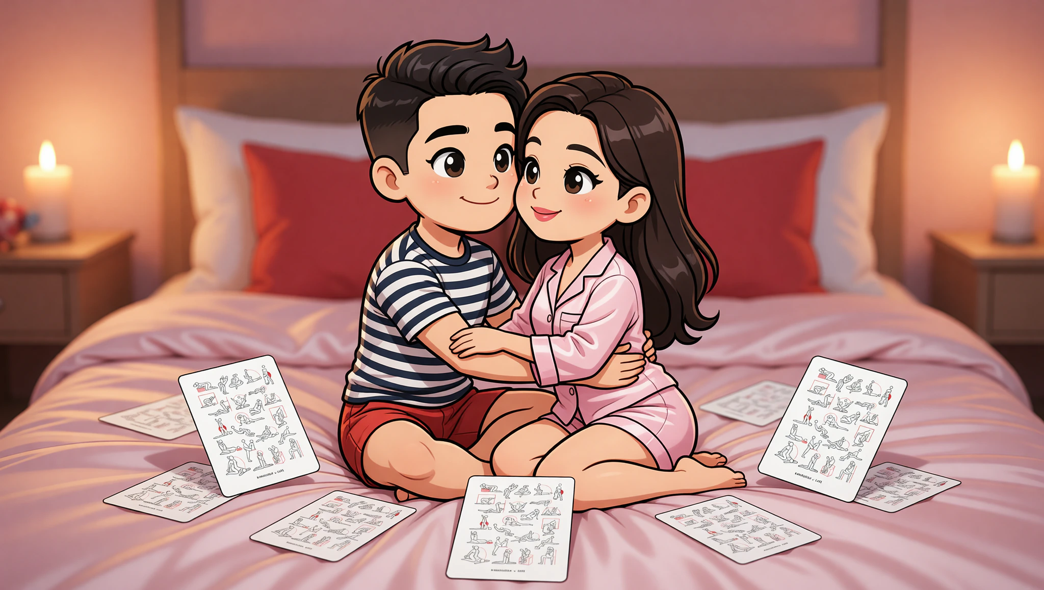 A man and woman locked in a flirty Kamasutra lotus position during their long-distance reunion, cards on the bed.